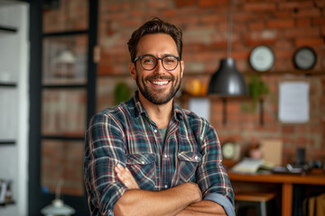 Fototapeta premium Small business owner testimonial image, Young person wearing casual wear and smiling at camera, young guy standing with his arms crossed, Portrait of a coffee shop owner standing in the shop or cafe