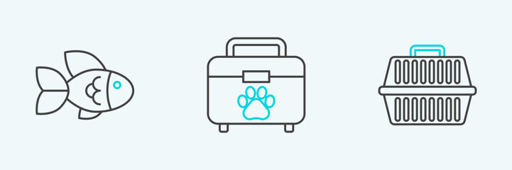 Set line Pet carry case, Fish and first aid kit icon. Vector