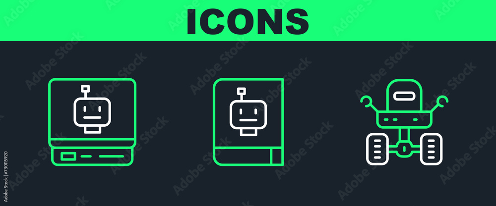 Poster set line mars rover, robot and user manual icon. vector