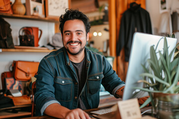 business owner testimonial image, smiling young businessman seated on the chair and looking at camera, handcraft and trailer shop owner portrait while bags and clothes surrounded  in the background