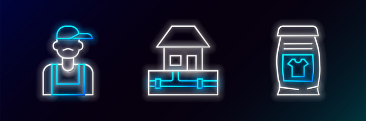 Set line Laundry detergent, Plumber and Water supply pipes icon. Glowing neon. Vector