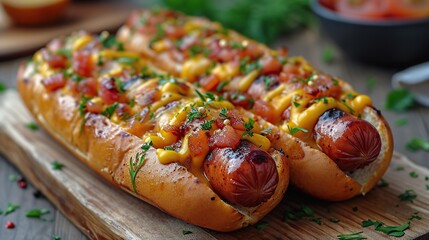 super bowl hot dogs, delicious hotdog, served on wooden plate