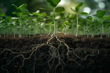 Long-rooted seedlings are growing under the ground after planting. concept of nature conservation on world environment day