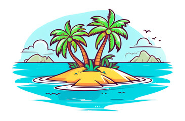 Fototapeta na wymiar green island with palm trees, beach, blue sea. desert island.
