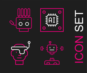 Set line Disassembled robot, Smart glasses, Processor with microcircuits CPU and Mechanical hand icon. Vector