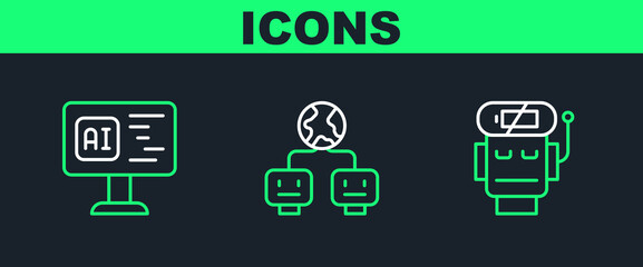 Set line Robot low battery charge, Software and Artificial intelligence icon. Vector