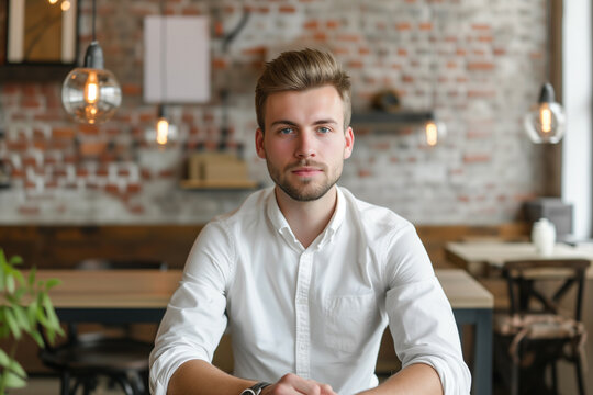 Young good looking cacasian man with blonde  hair seated on a modern minimalist resturant wearing a white shirt and looking at camera, business owner testimonial image web banner concept