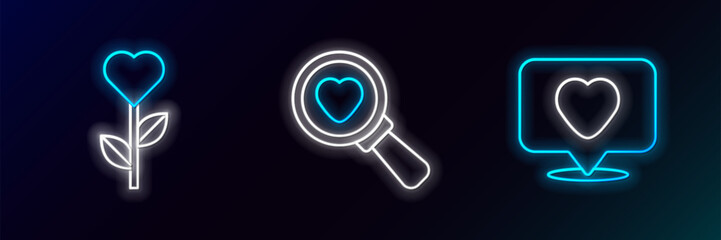 Set line Like and heart, Heart shape in flower and Search love icon. Glowing neon. Vector