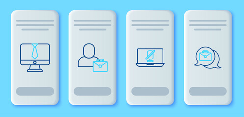 Set line Freelancer, Mute microphone on laptop, Video chat conference and Online working icon. Vector
