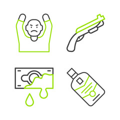 Set line Whiskey bottle, Bloody money, Police shotgun and Thief surrendering hands up icon. Vector
