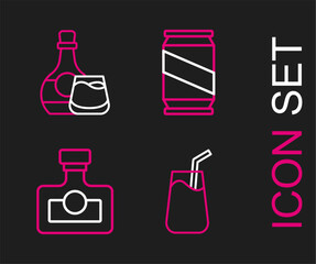 Set line Cocktail, Alcohol drink Rum, Beer can and Whiskey bottle and glass icon. Vector