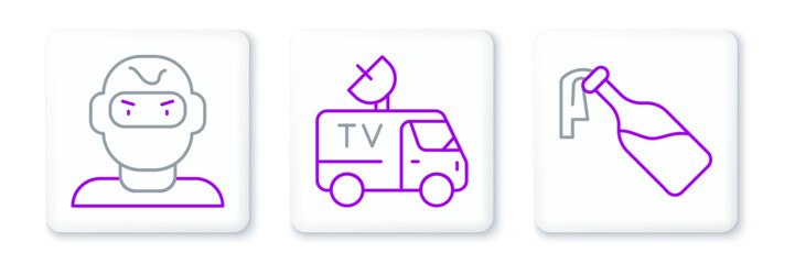 Set line Cocktail molotov, Thief mask and TV News car icon. Vector