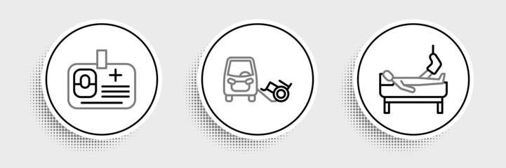 Set line Patient with broken leg, Identification badge and Disabled car icon. Vector