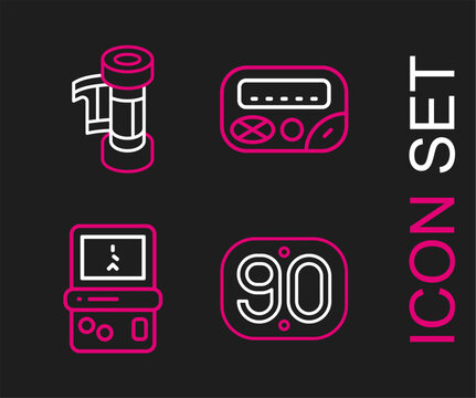 Set line 90s Retro, Tetris, Pager and Camera roll cartridge icon. Vector
