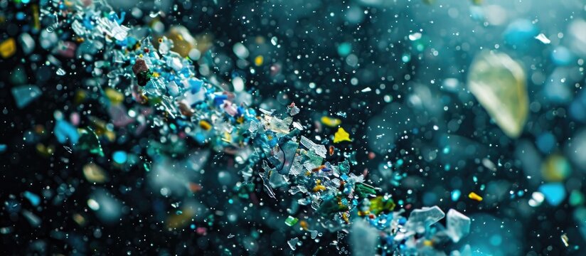 Macro photograph of non-recyclable microplastic particles on a dark background, symbolizing water pollution and global warming.