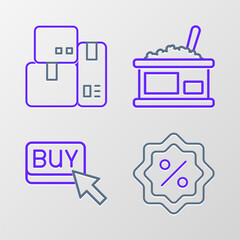 Set line Discount percent tag, Buy button, Tin can with caviar and Cash register machine icon. Vector