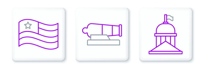 Set line White House, American flag and Cannon icon. Vector