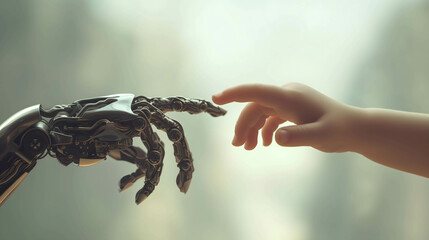 hand of baby or kid and robot hand or artificial Intelligence connecting data information and learning, machine learning technology and big data - obrazy, fototapety, plakaty