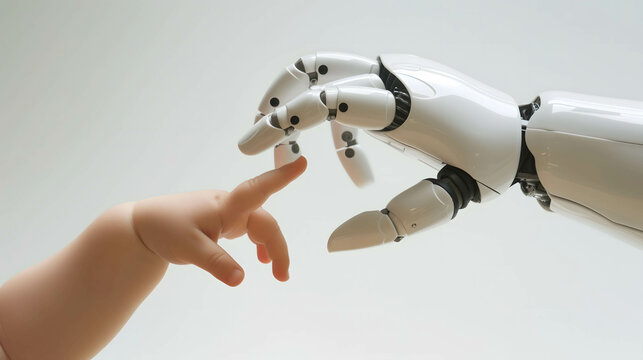 hand of baby or kid and robot hand or artificial Intelligence connecting data information and learning, machine learning technology and big data