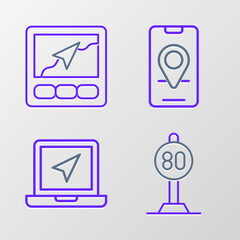 Set line Speed limit traffic, Laptop with location marker, City map navigation and Gps device icon. Vector