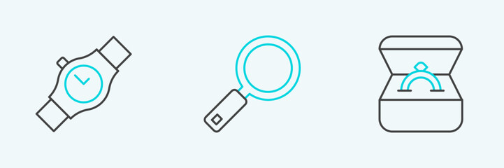 Set line Diamond engagement ring in box, Wrist watch and Magnifying glass icon. Vector