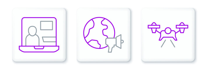 Obraz premium Set line Drone, World news and icon. Vector