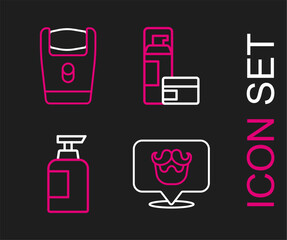 Set line Barbershop, Bottle of shampoo, Shaving gel foam and Electric razor blade icon. Vector