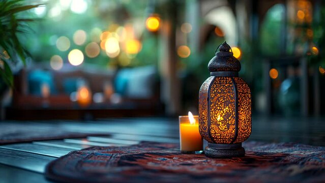 Lantern and candles light up the living room during Ramadan. seamless looping 4k time-lapse animation video background 