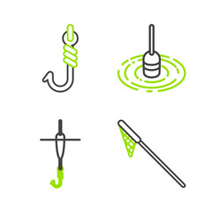 Set line Fishing net, hook and float, water and icon. Vector