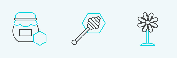 Set line Flower, Jar of honey and Honey dipper stick icon. Vector