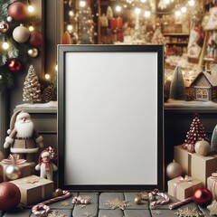 Blank photo frame next to Christmas tree and gift boxes