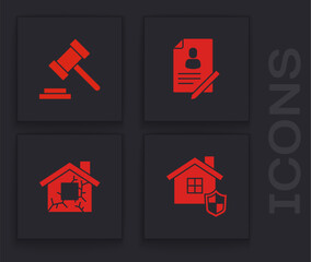 Set House with shield, Judge gavel, Document and icon. Vector