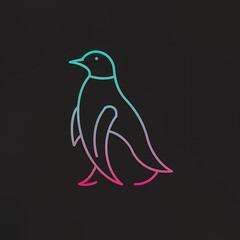 Vector 3D Side View Penguin Line Art Gradient Logo on Black Background.
