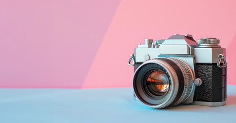 Retro Photography, Vintage Camera on a Dual-Tone Pink and Blue Background - obrazy, fototapety, plakaty