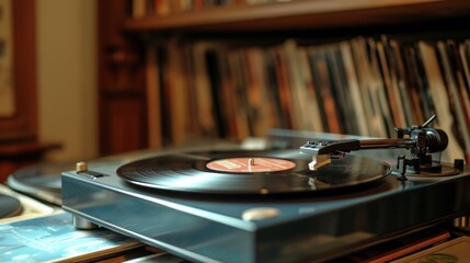 A vintage record player gracefully adorns a table, poised to harmonize and transport listeners to another era with its melodic tunes.