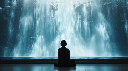 A person sits peacefully in front of a majestic waterfall, savouring the harmonious melody of nature.