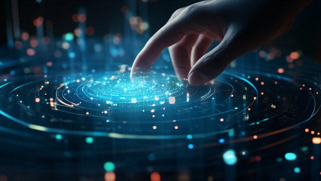 Hand touching a spinning data flow, data flow processing visualization background - Powered by Adobe