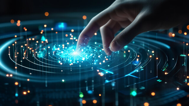 Hand touching a spinning data flow, data flow processing visualization background