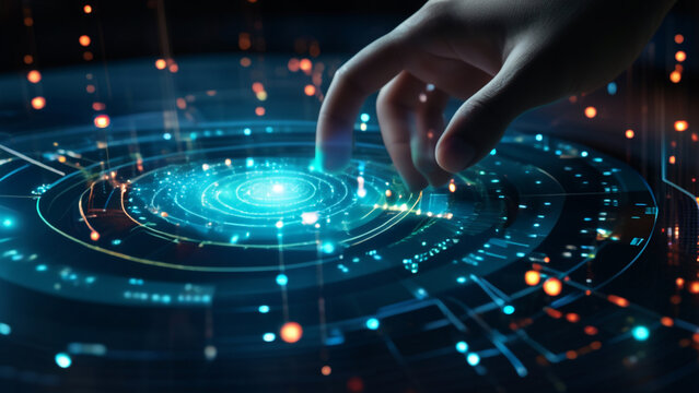 Hand touching a spinning data flow, data flow processing visualization background - Powered by Adobe