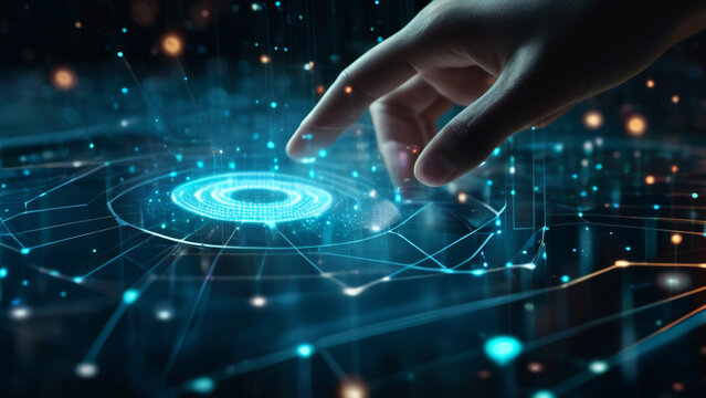 Hand touching a spinning data flow, data flow processing visualization background