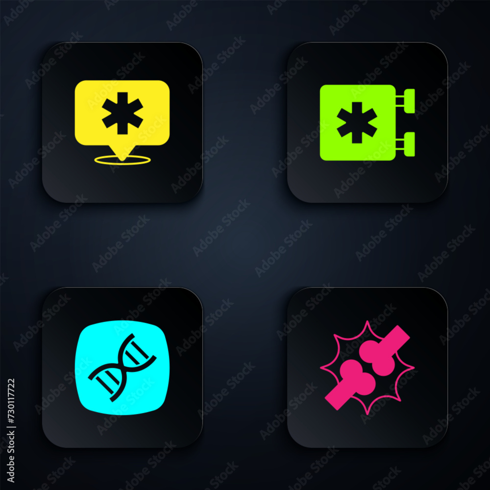 Poster Set Joint pain, knee pain, Location hospital, DNA symbol and Emergency - Star of Life. Black square button. Vector