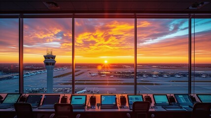 Airport control tower at sunset overlooking runways with computers and radar screens in the foreground.