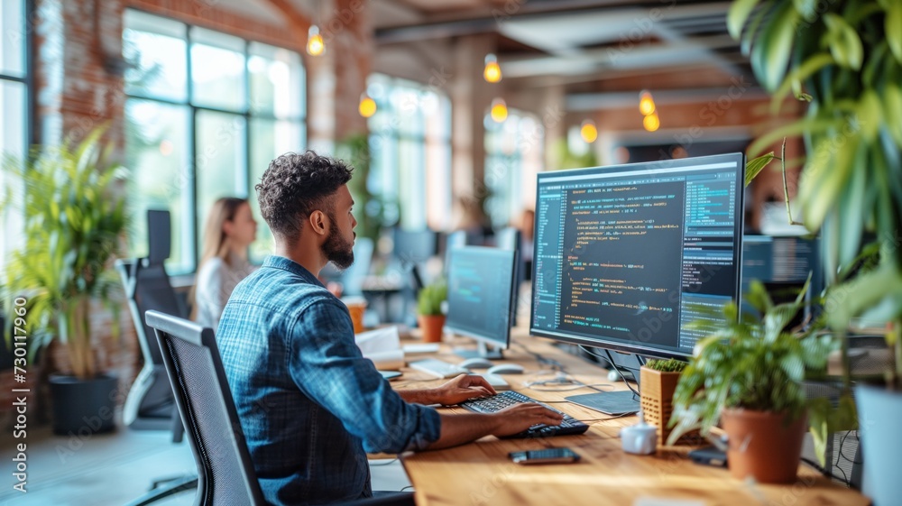 Wall mural a software developer at work. a man sits at a desk in a bright office and stares at computer screens