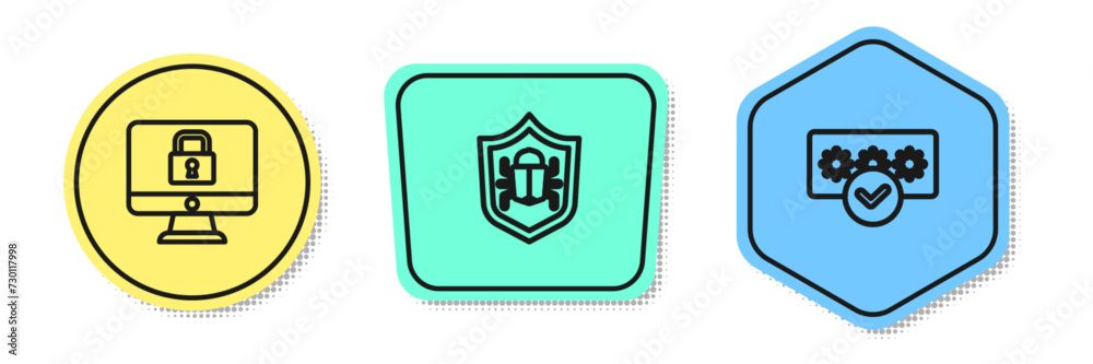 Poster set line lock on monitor, system bug and password protection. colored shapes. vector