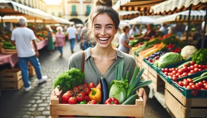 joyful woman holding a wooden box filled with fresh vegetables while standing at a busy farmer's market. - obrazy, fototapety, plakaty