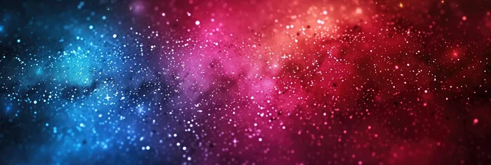 Deurstickers red and blue white background with stars in dust, red blue glitter sparkle on dark background, circle bokeh, defocused, blue red space galaxy , nebula, cosmos banner poster background © Planetz