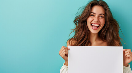 Naklejka premium lady with expressing Happiness and Joy, side white empty space poster proposing buy advert place, isolated on solid color background