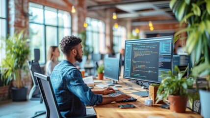 A software developer at work. A man sits at a desk in a bright office and stares at computer screens with lines of code. - obrazy, fototapety, plakaty
