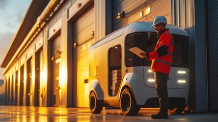 Logistic worker with electric van. logistician in protective gear standing with a clipboard in front of an electric van on a loading dock - obrazy, fototapety, plakaty
