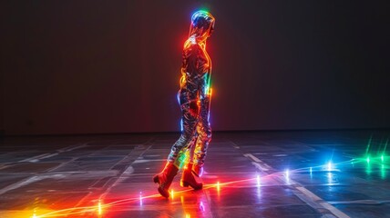 Human body front view abstract vector illustration made of rainbow colors particles 